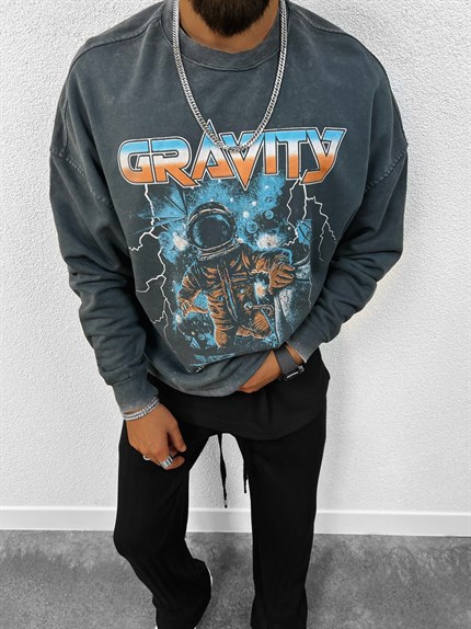 Erkek Gravity Baskılı Eskitme Görünümlü Oversize Sweatshirt Siyah