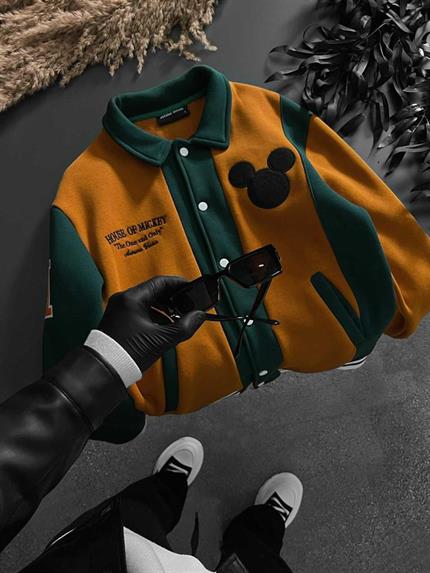 Mickey Mouse Yamalı Bomber Ceket Haki Yeşil