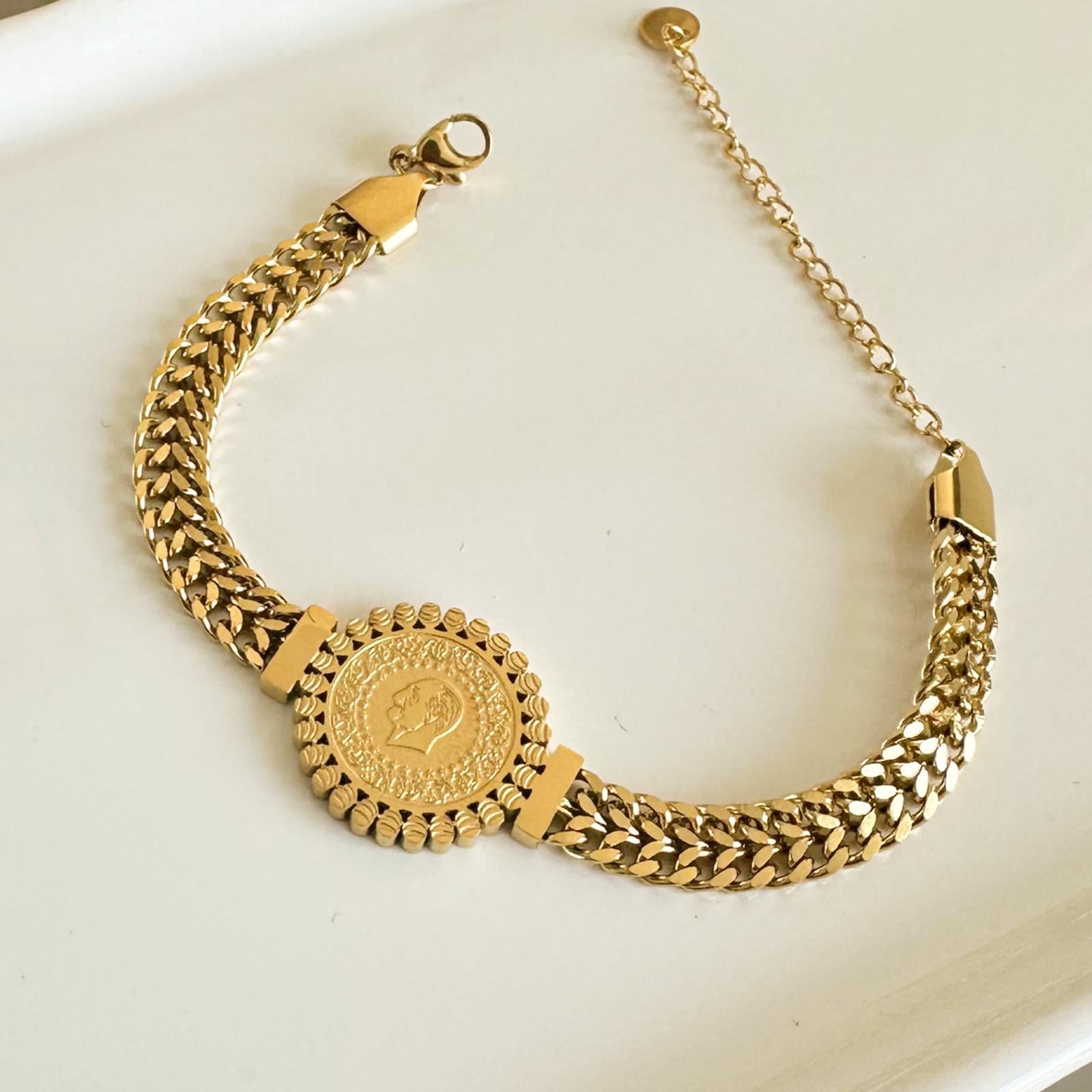 Altın Para Model  Altın Kaplama Çelik Bileklik