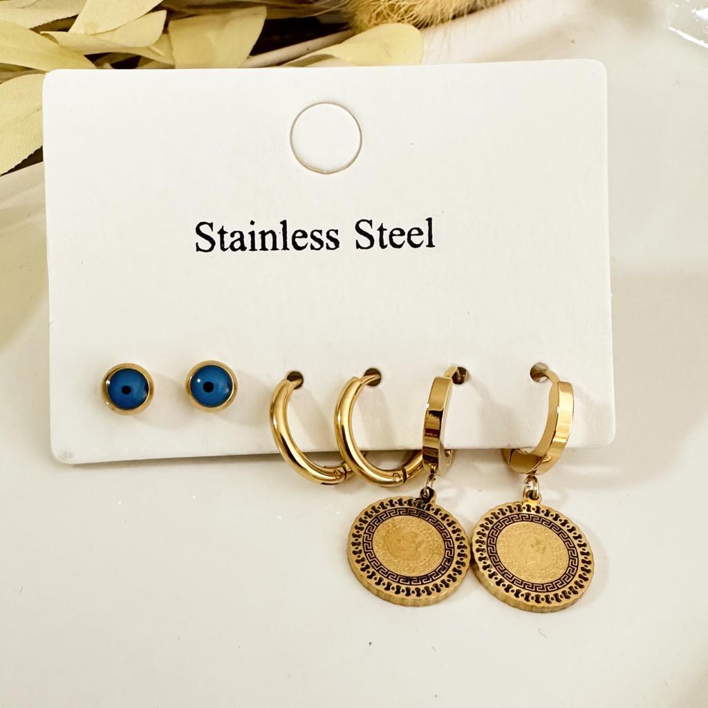 6 lı Çoklu Set  Ata Liralı  Altın Kaplama Çelik Küpe