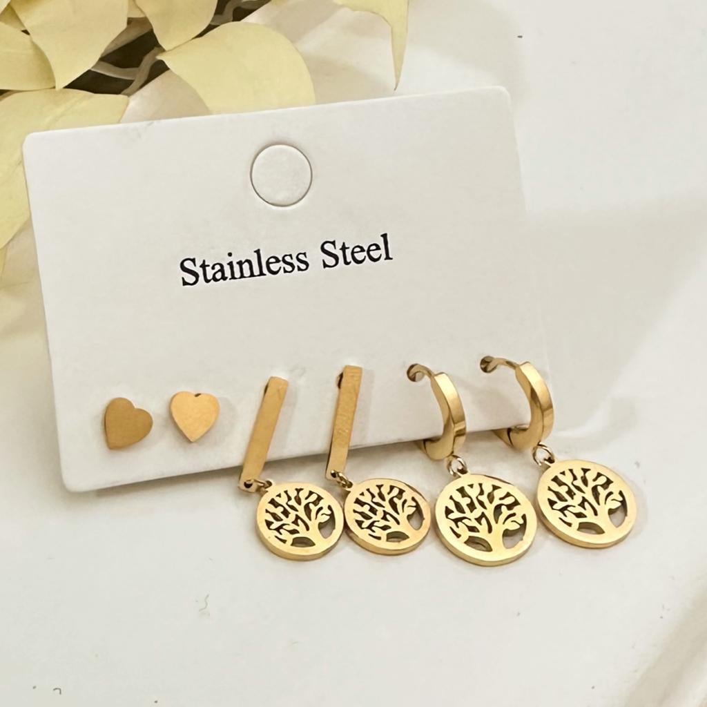 6 lı Çoklu Set  Yaşam Ağacı  Altın Kaplama Çelik Küpe