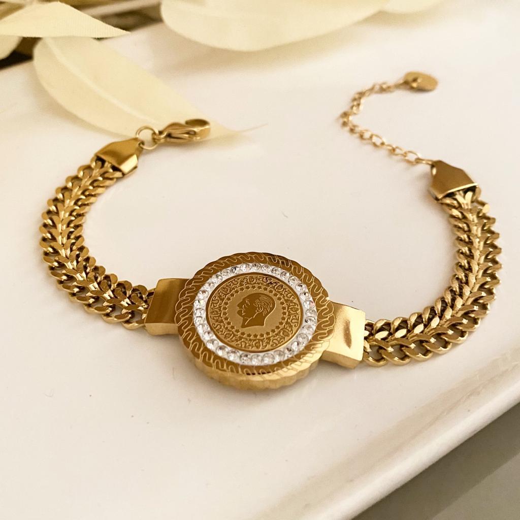 Ata Lira Taşlı  Altın Kaplama Çelik Bileklik