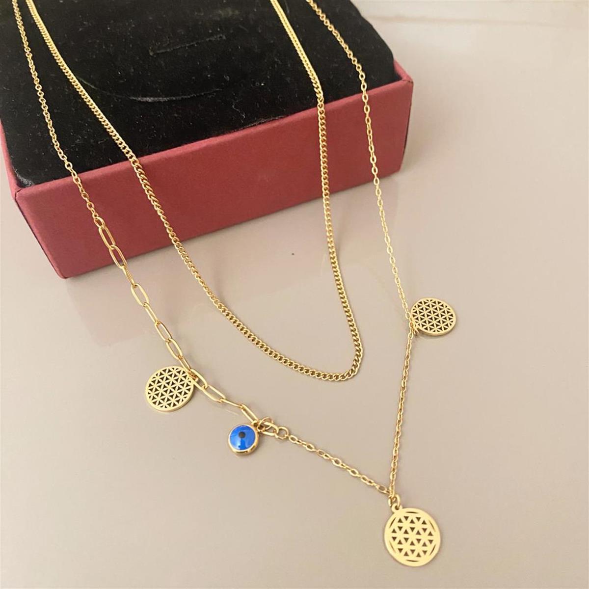 Çift Sıra Yaşam Çiçeği Altın Kaplama Çelik Kolye