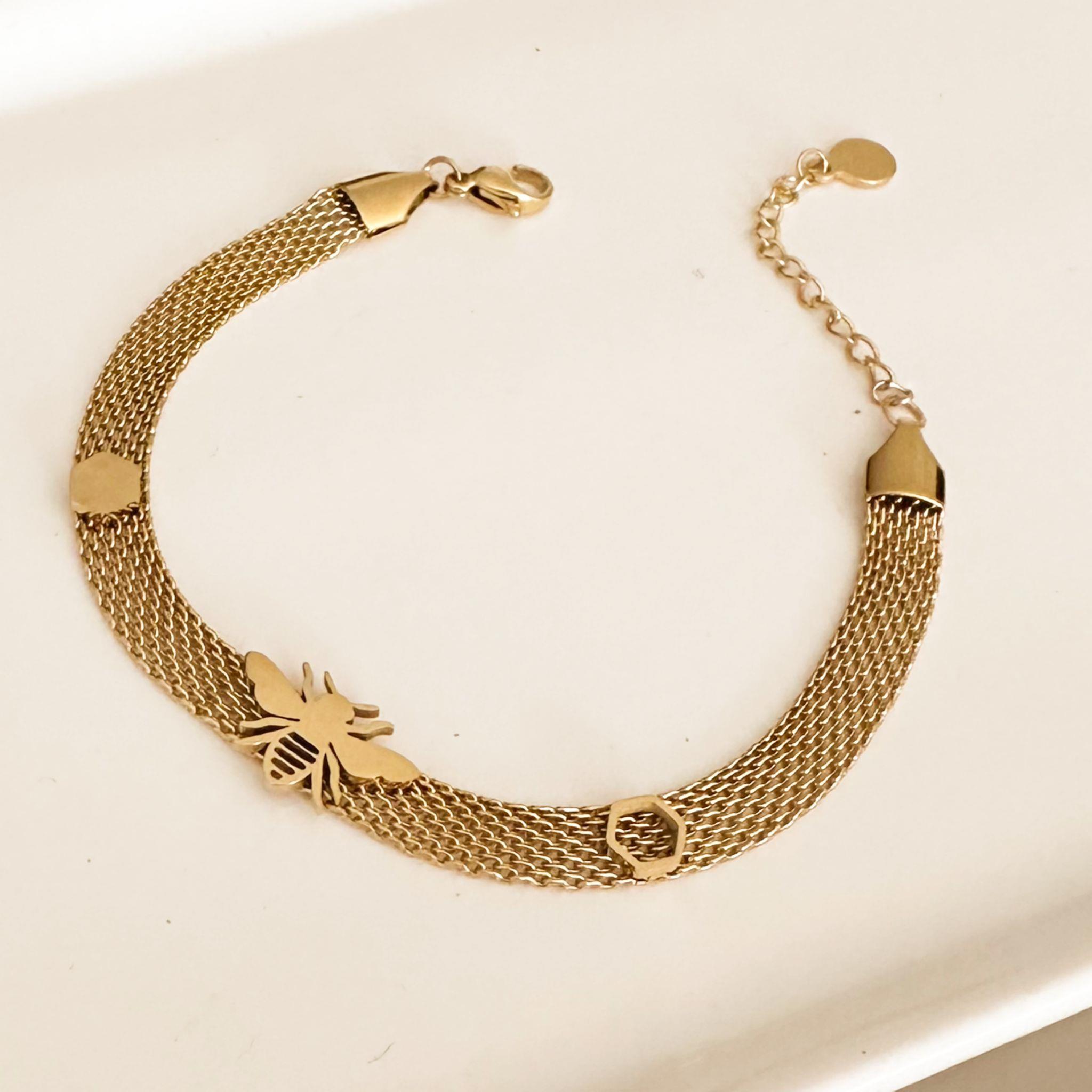 Hasır Örgü Arılı  Altın Kaplama Çelik Bileklik