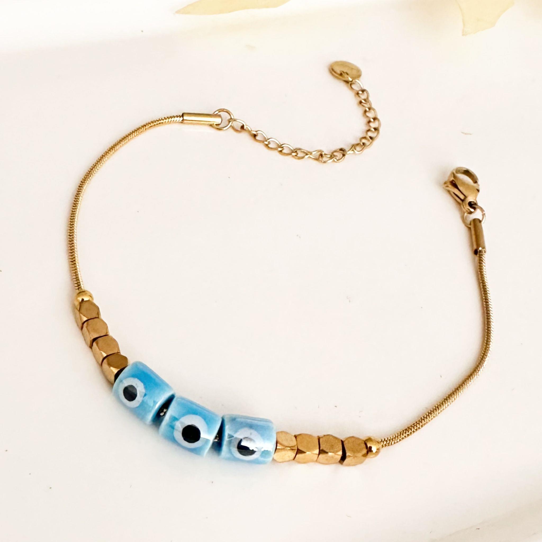 Mavi Taşlı  Altın Kaplama Çelik Bileklik