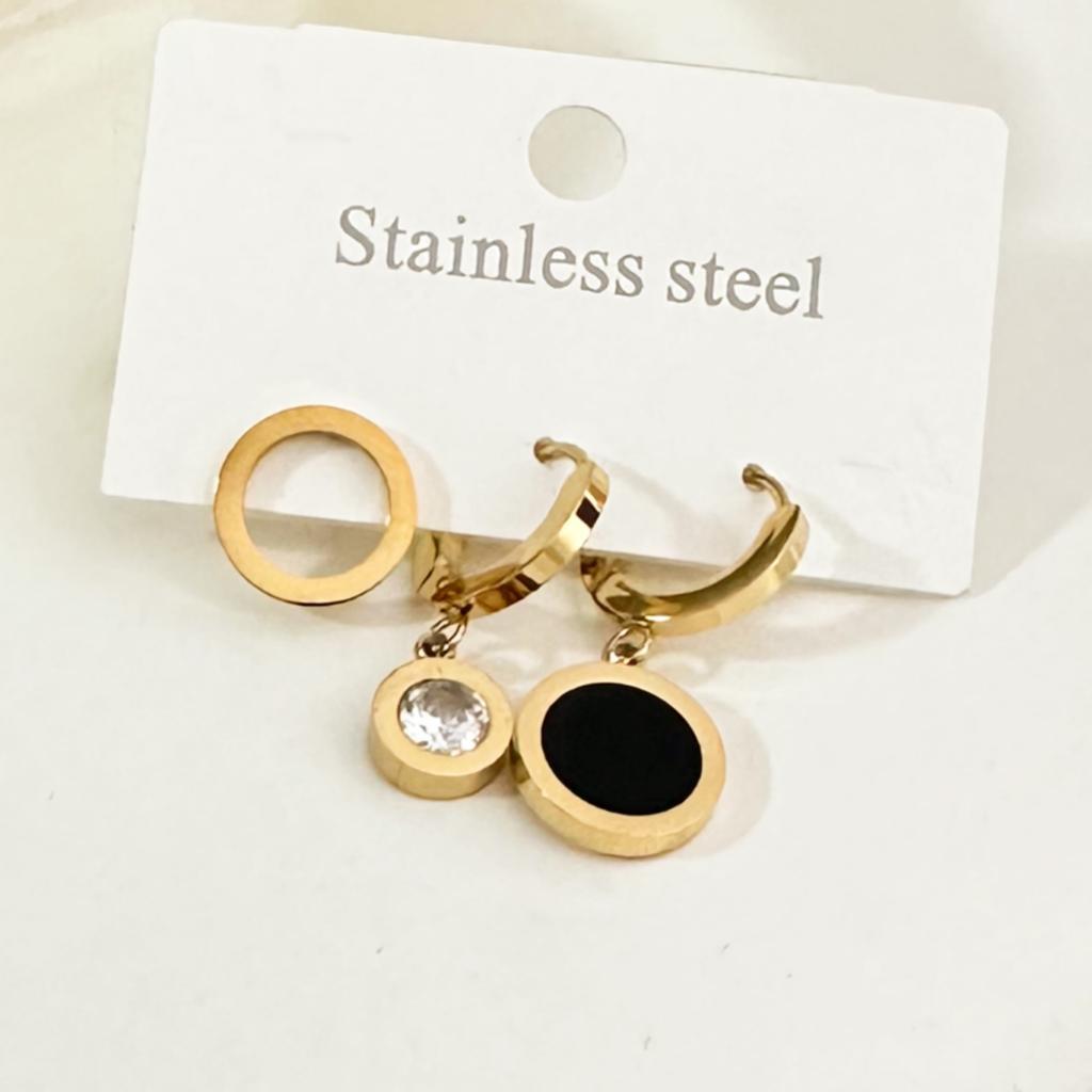 Üçlü Siyah Halka Model Altın Kaplama Çelik Küpe