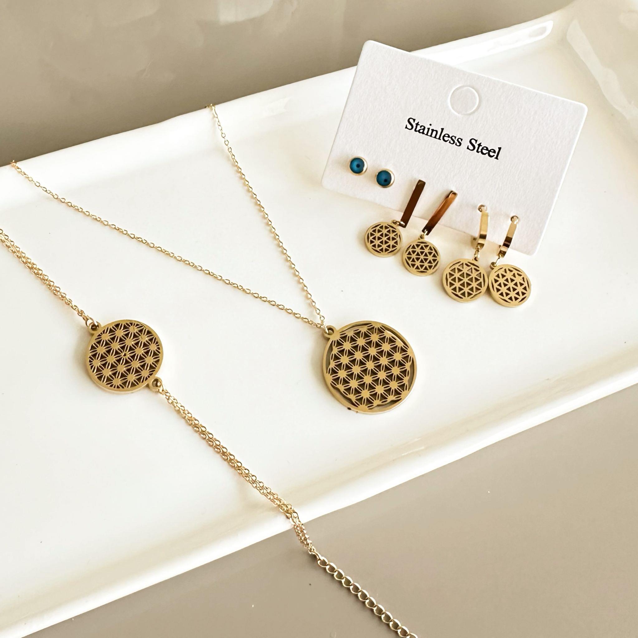 Yaşam Ağacı Set Altın Kaplama Çelik Set