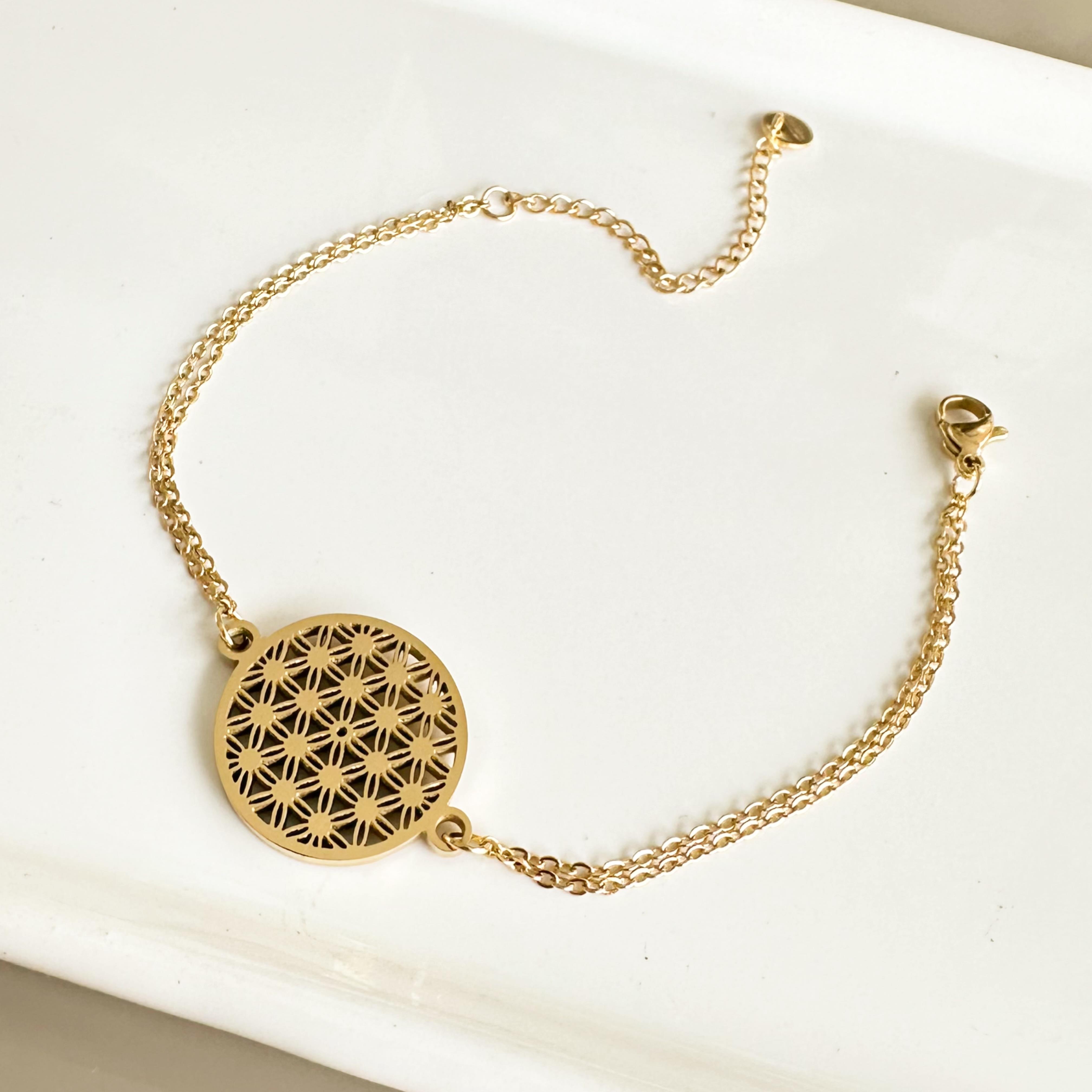 Yaşam Çiçeği Detaylı Gold Altın Kaplama Bileklik