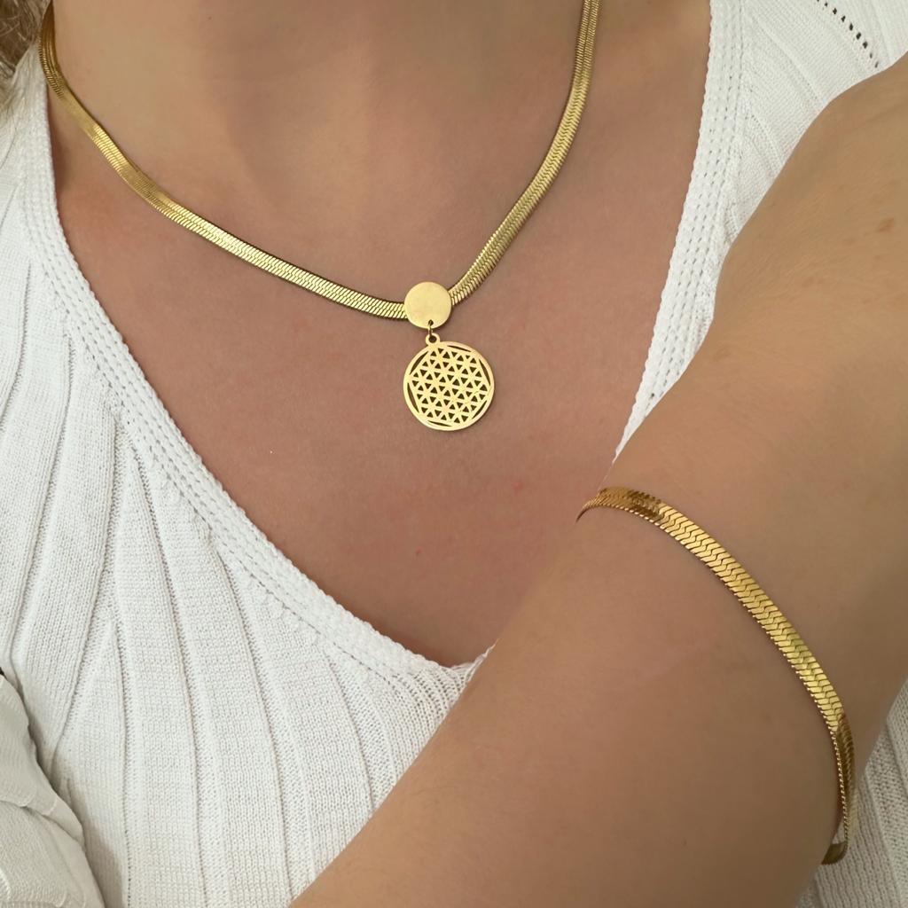 Yaşam Çiçeği Set Altın Kaplama  Çelik Set