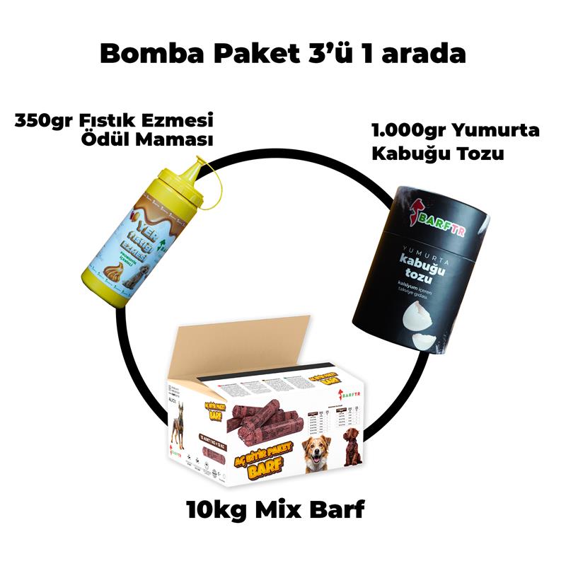 Bomba Paketi 10 Kg Mix Barf Köpek Maması, 350 Gr Fıstık Ezmesi Ödül Maması,1000 Gr Yumurta Kabuğu Tozu./3'ü Bir Arada 