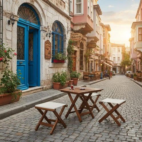 Ada Çay Set -2 Kişilik Ahşap Katlanır Tabure Takım, Ebat Seçimli