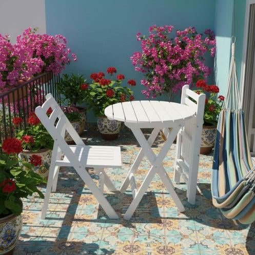 Albatros Ahşap Masa Sandalye Takımları - Beyaz Renk 2 Kişilik Katlanır Bahçe Balkon Yuvarlak Set 