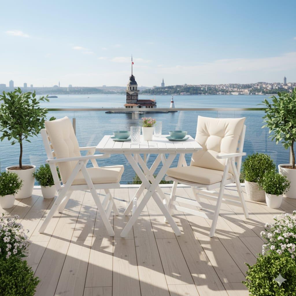 Antalya Ahşap Masa Sandalye Takımı Beyaz - 2 Kişilik Düğme Minderli Katlanır Bahçe Balkon Set
