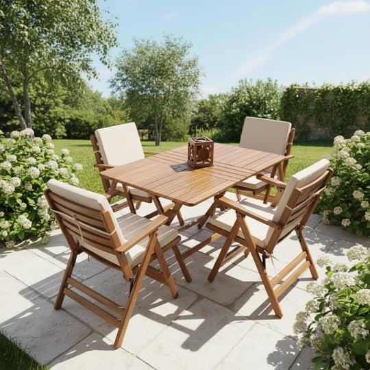 Antalya Ahşap Masa Sandalye Takımları Beyaz -4 Kişilik Düz Minderli Katlanır Bahçe Balkon Set