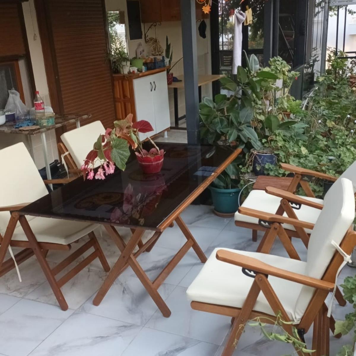 Antalya Ahşap Masa Sandalye Takımları - 4 & 6 Kişilik Düz Minderli Katlanır Bahçe Balkon Set