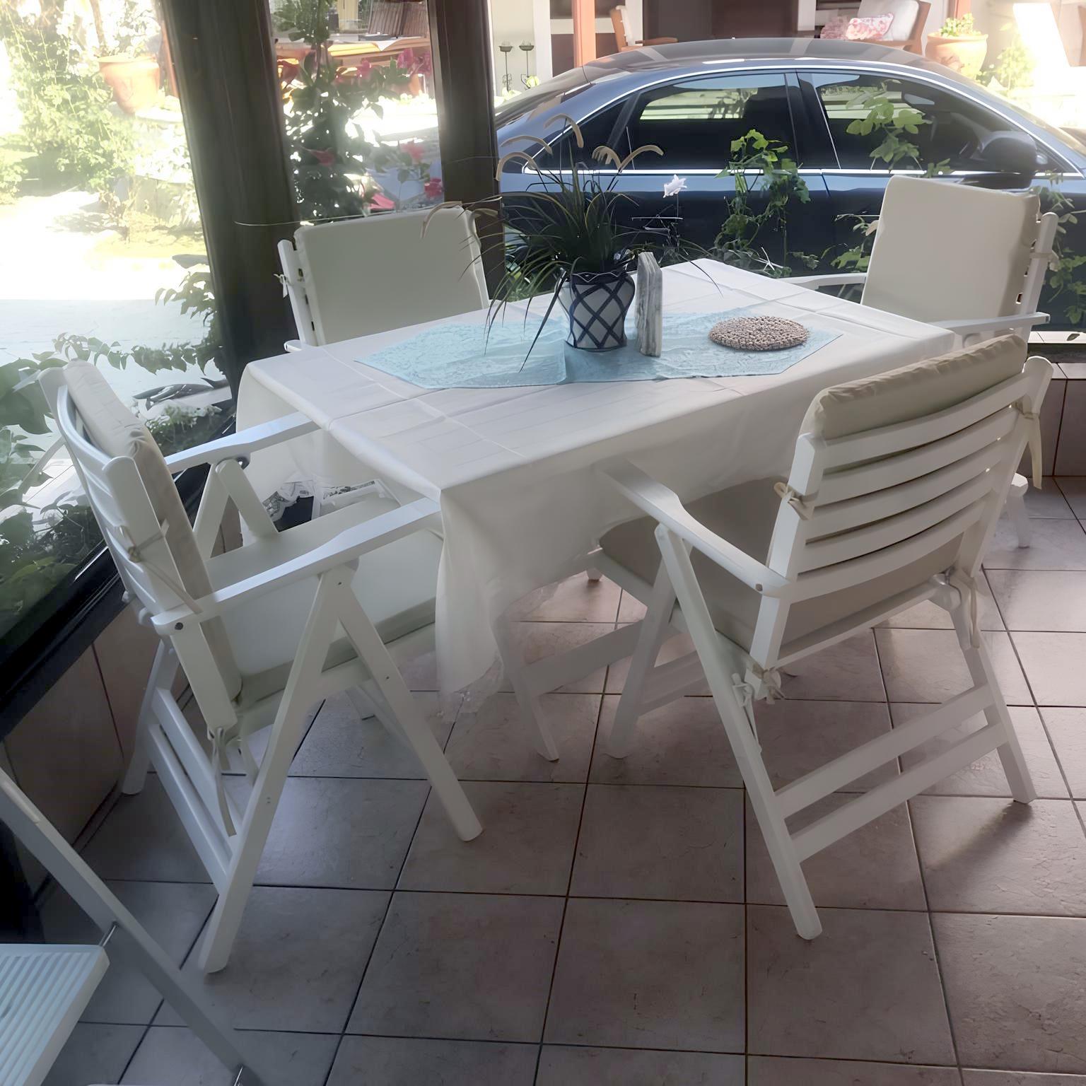 Antalya Ahşap Masa Sandalye Takımları Beyaz -4 Kişilik Düz Minderli Katlanır Bahçe Balkon Set