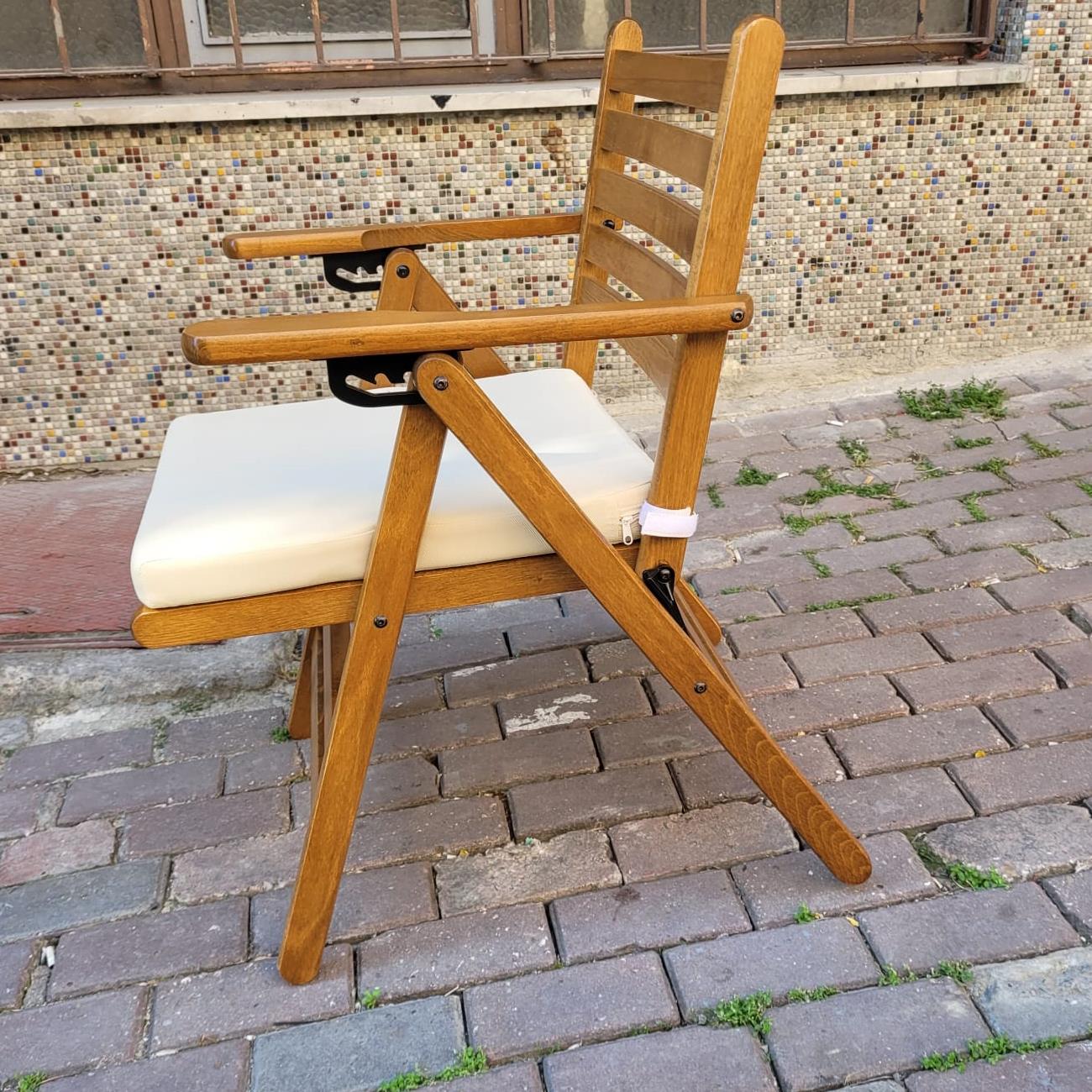 Antalya Katlanır Ahşap Bahçe Balkon Sandalyesi -Kolçaklı, Oturum Minderli, 4 Kademe