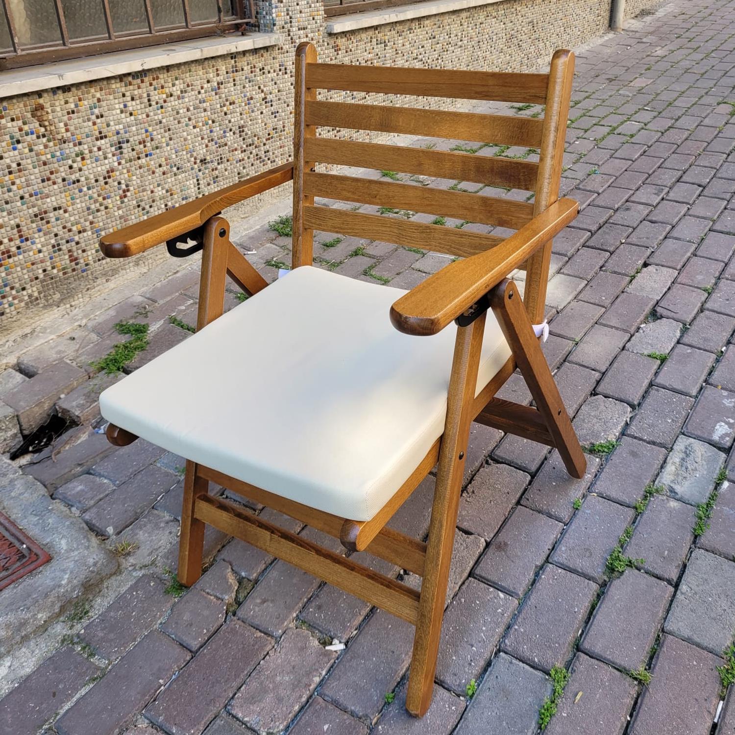 Antalya Katlanır Ahşap Bahçe Balkon Sandalyesi -Kolçaklı, Oturum Minderli, 4 Kademe