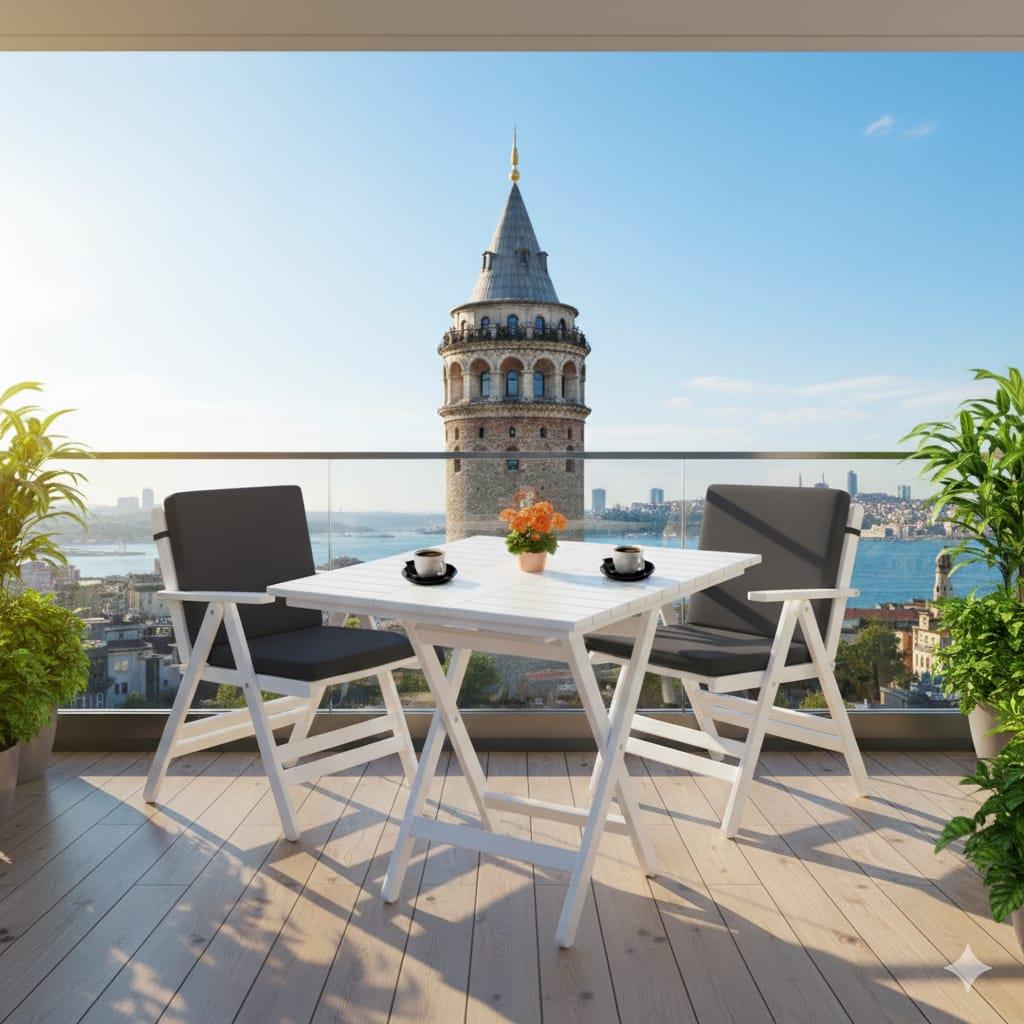 Antalya Kolçaklı Katlanır Sandalye Düz Minderli Beyaz - Ahşap Bahçe Balkon Sandalyesi  (London Chair - White)