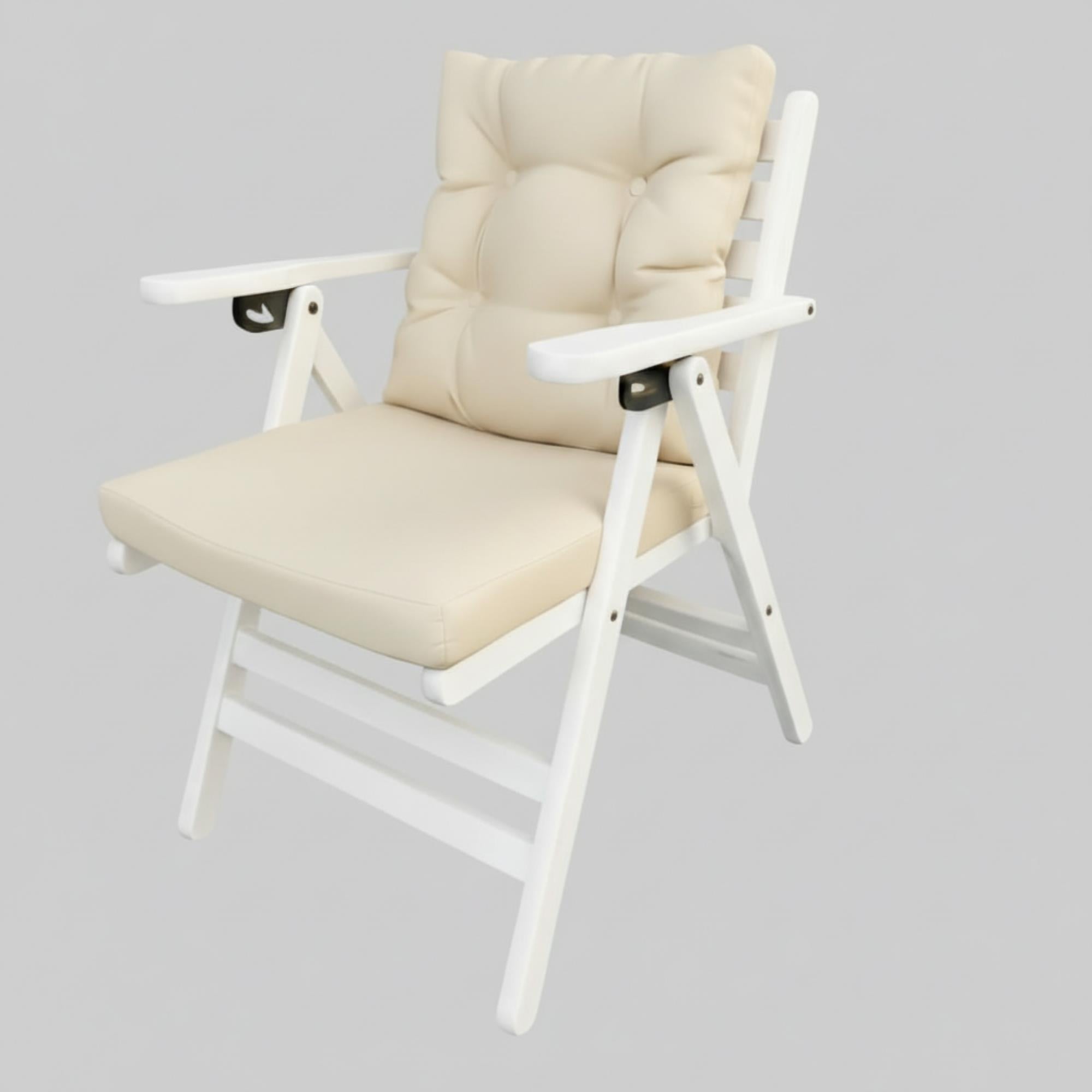 Antalya Kolçaklı Katlanır Sandalye Minderli Beyaz - Ahşap Bahçe Balkon Sandalyesi  (London Chair - White)