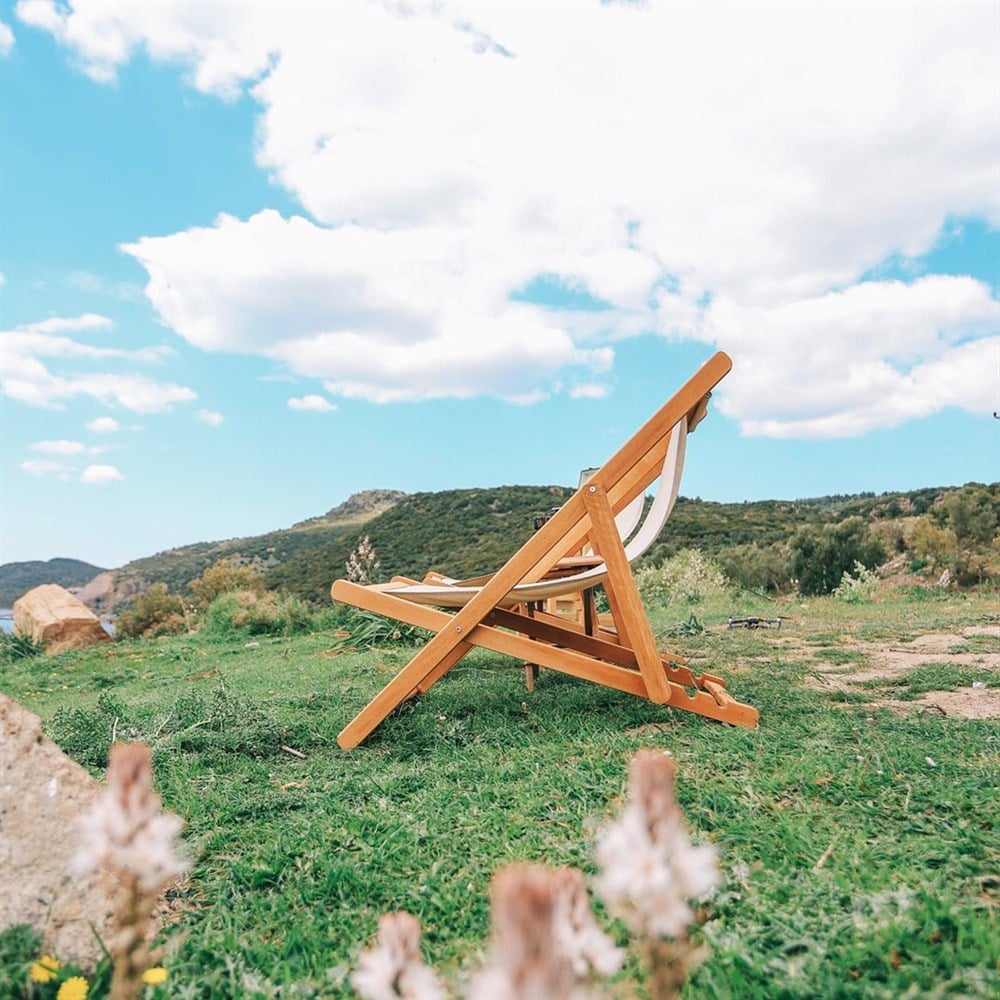 Belek  PVC Kumaşlı Ahşap Şezlong -3 Kademeli Sırt Dayama, Kolçaksız