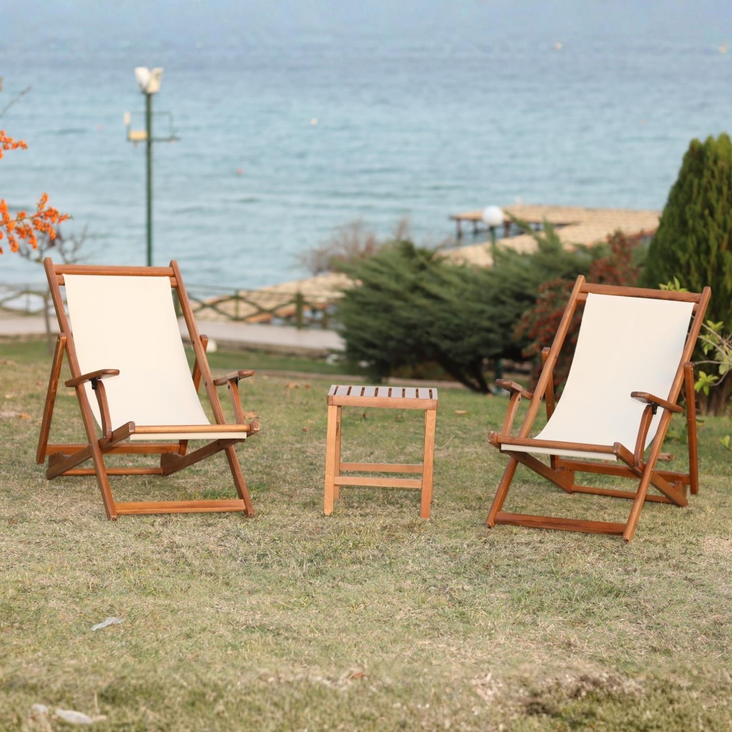 Belek PVC Kumaşlı Ahşap Şezlong -3 Kademeli Sırt Dayama, Kolçaklı