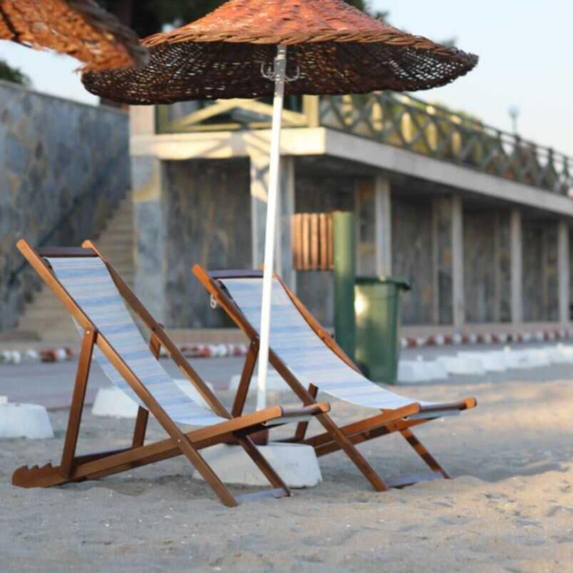 Belek  PVC Kumaşlı Ahşap Şezlong -3 Kademeli Sırt Dayama, Kolçaksız