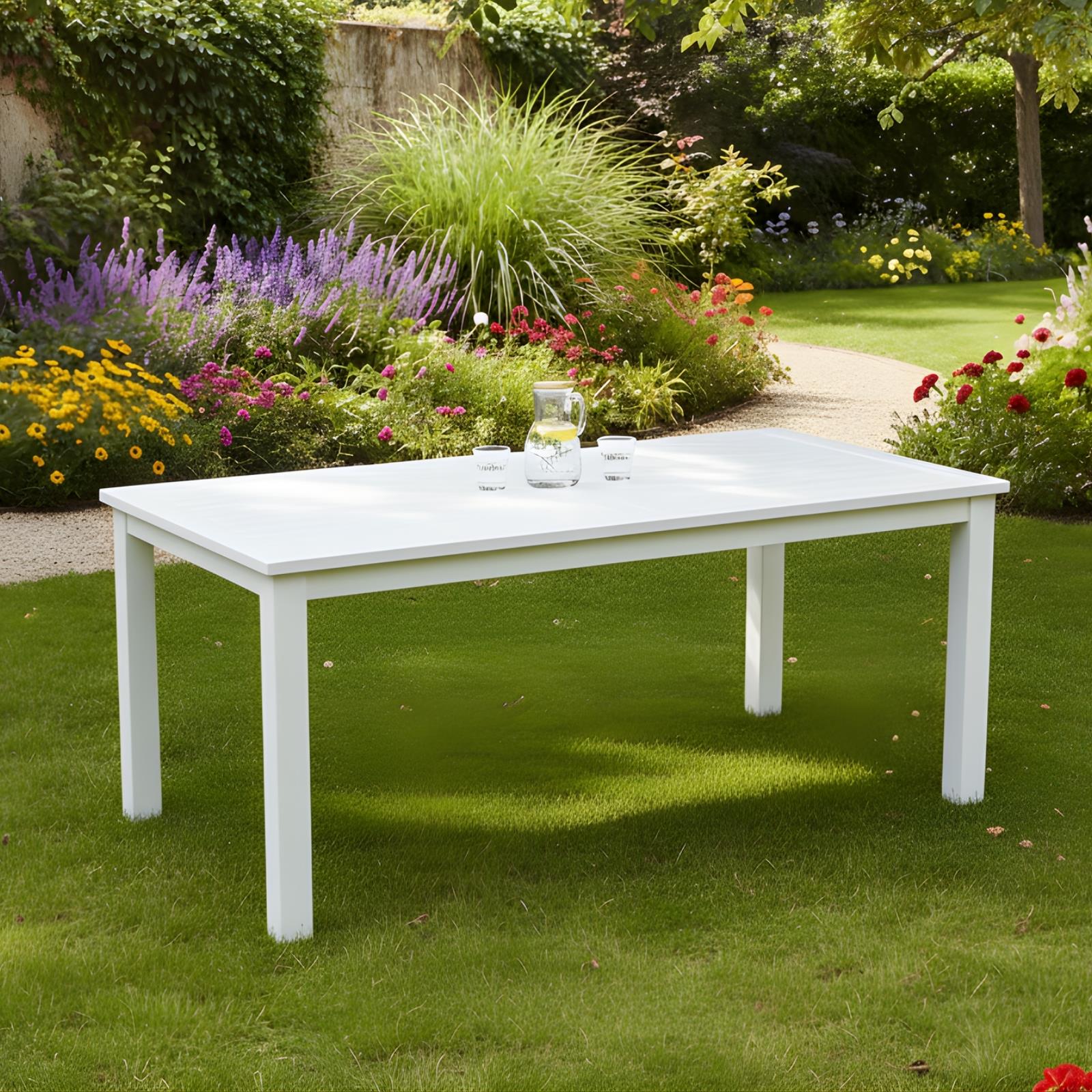 Bodrum Ahşap Masa - Dikdörtgen Ebatlar, Beyaz Renk, Sabit Ayaklı Bahçe Balkon Masası