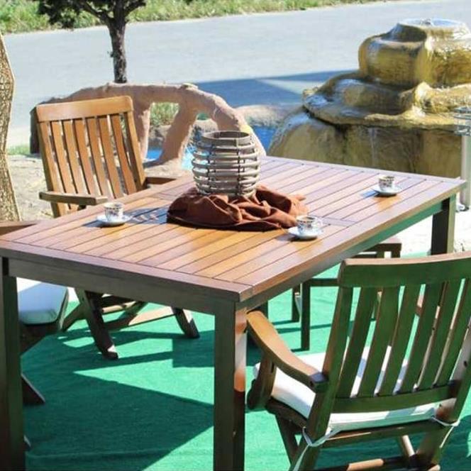 Bodrum Ahşap Masa - Dikdörtgen Ebatlar, Açık Ceviz Renk, Sabit Ayaklı Model Bahçe Balkon Masası