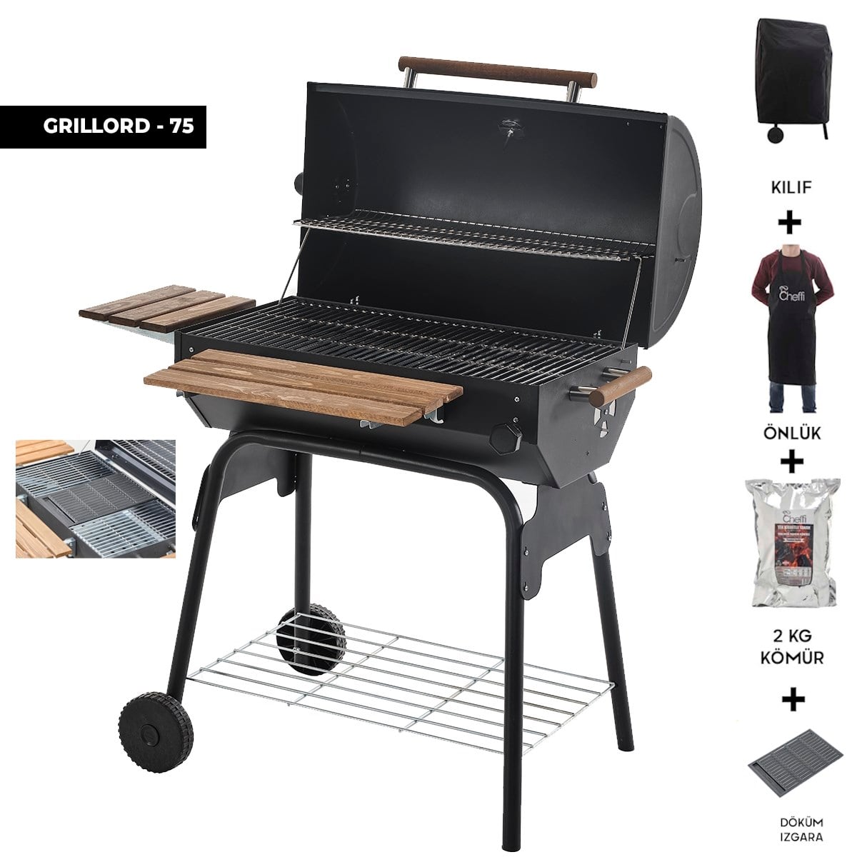 Cheffi Grillord-75 Kömürlü Barbekü Mangal (DÖKÜM IZGARA, ÖNLÜK VE KILIF HEDİYELİ)