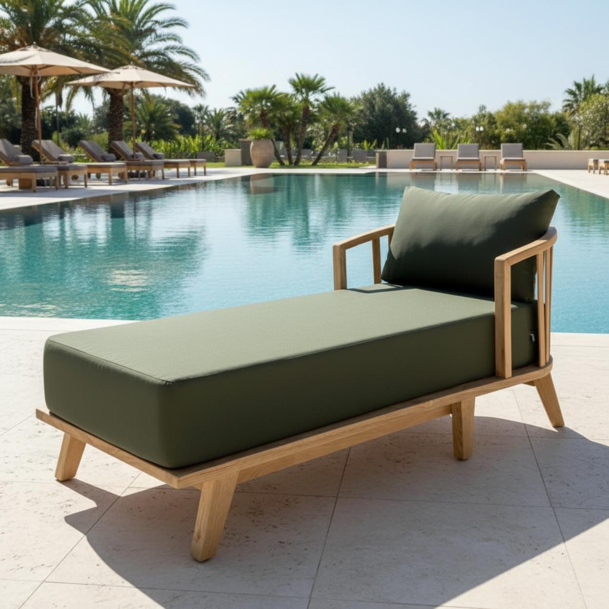 Emirgan Ahşap Şezlong - Lounger -Minderli, Masif Kestane