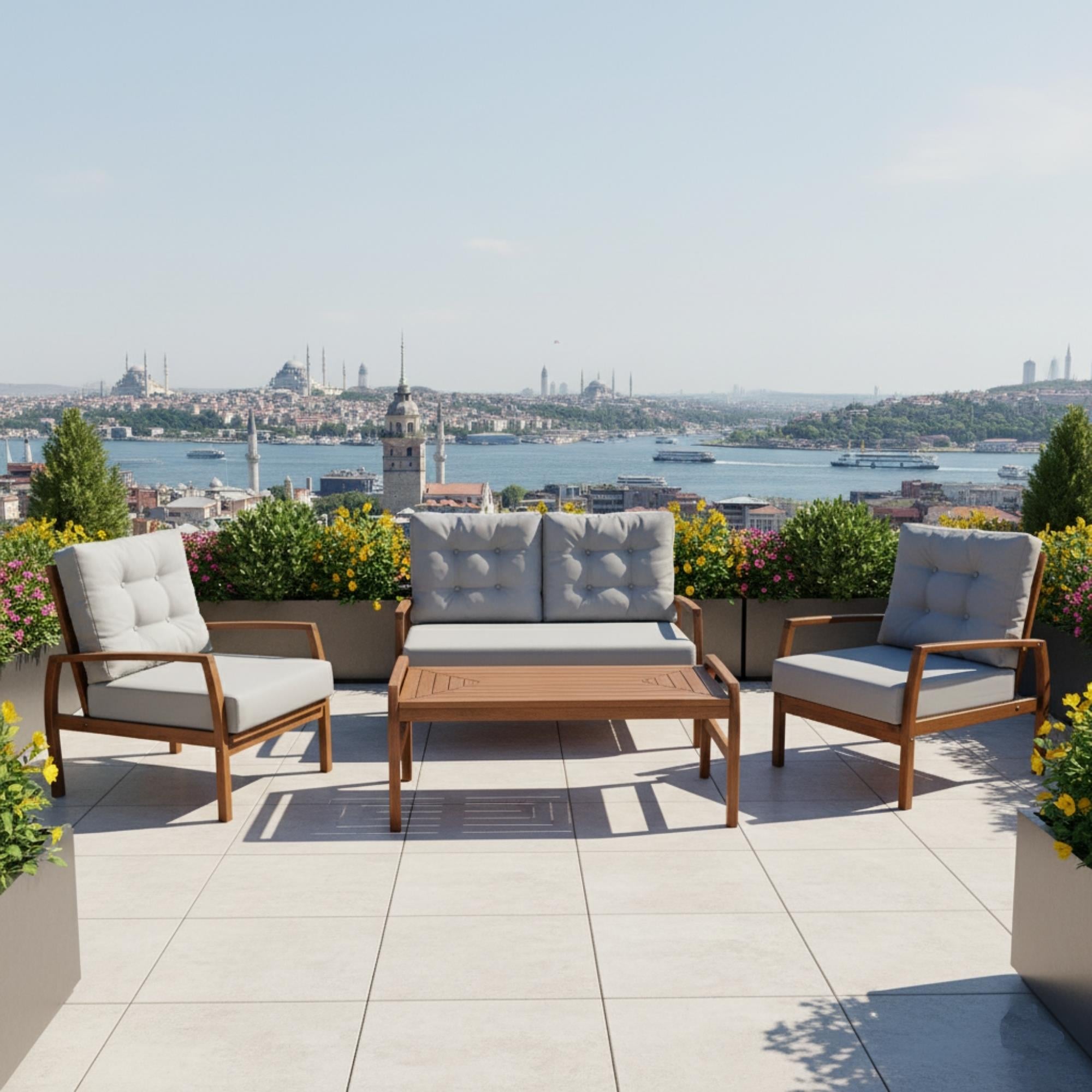 Gümbet Ahşap Bahçe Balkon Oturma Grubu - 4 Kişilik Koltuk Takımı, Minderli