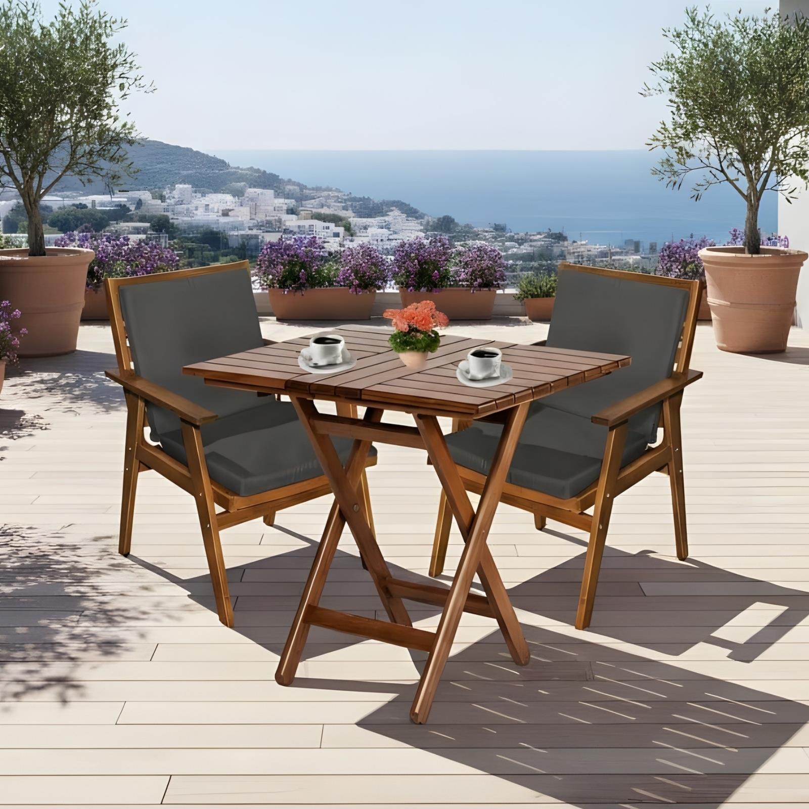 Heybeli Ahşap Masa Sandalye Takımları -2 Kişilik Bahçe Balkon Set, Düz Minderli