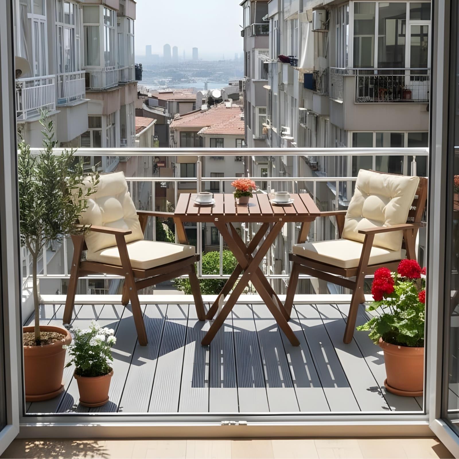 Heybeli Ahşap Masa Sandalye Takımları -2 Kişilik Bahçe Balkon Set, Minderli