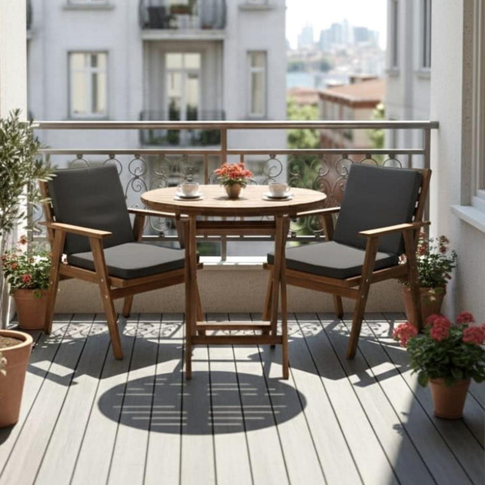 Heybeli Ahşap Masa Sandalye Takımları -2 Kişilik Bahçe Balkon Yuvarlak Set, Düz Minderli