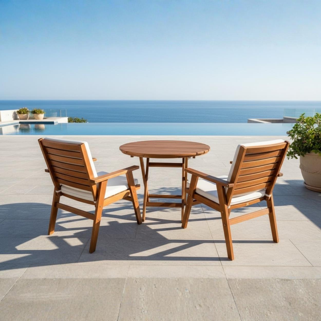Heybeli Ahşap Masa Sandalye Takımları -2 Kişilik Bahçe Balkon Yuvarlak Set, Düz Minderli