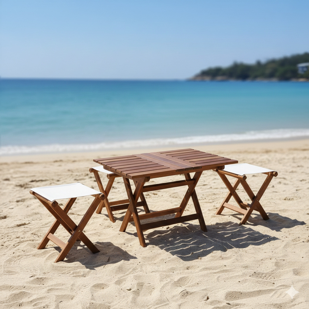 Kaş Katlanabilir Ahşap Bahçe Balkon Taburesi -PVC Oturum