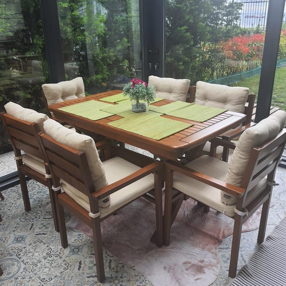 Manavgat Ahşap Masa Sandalye Takımları -6 Kişilik Bahçe Balkon Set, Minderli