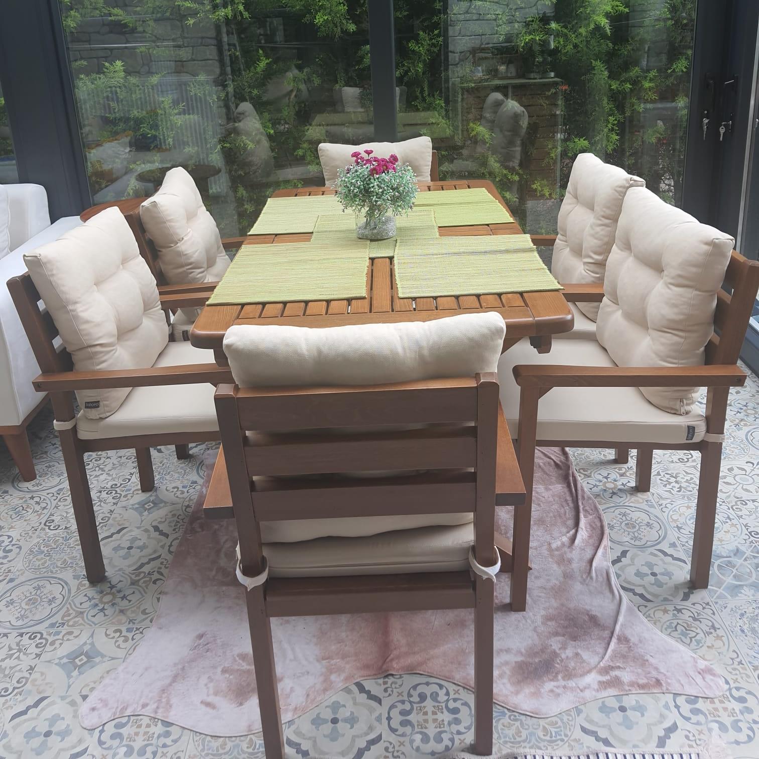 Manavgat Ahşap Masa Sandalye Takımları -6 Kişilik Bahçe Balkon Set, Minderli