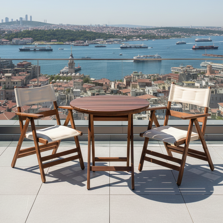 Marmaris Ahşap Masa Sandalye Takımları -2 Kişilik Katlanır Bahçe Balkon Yuvarlak Set, Minderli