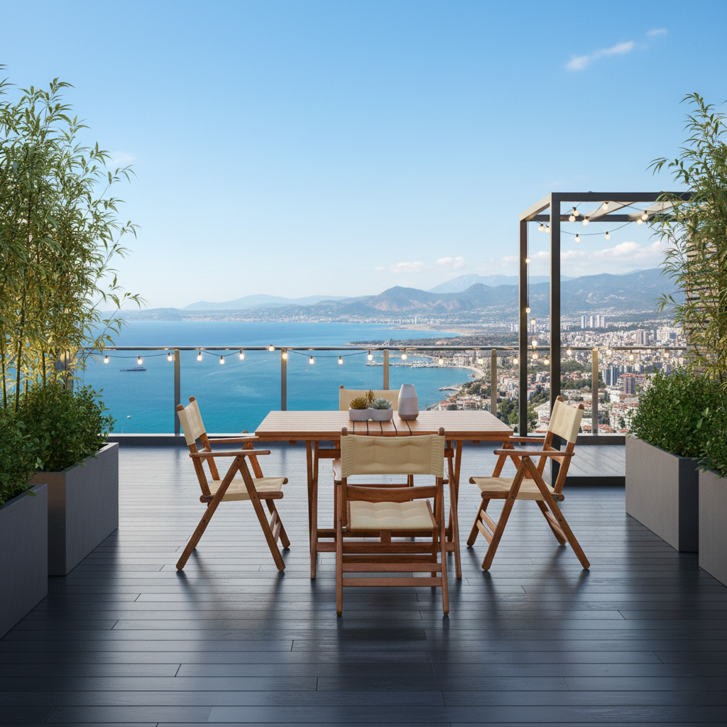 Marmaris Ahşap Masa Sandalye Takımları -4 Kişilik Katlanır Bahçe Balkon Set, Minderli