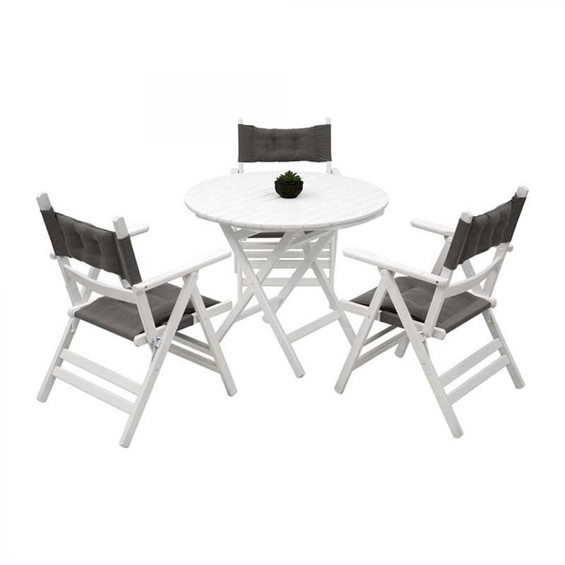 Marmaris Ahşap Masa Sandalye Takımları -3 Kişilik Katlanır Bahçe Balkon Yuvarlak Set, Minderli, Beyaz
