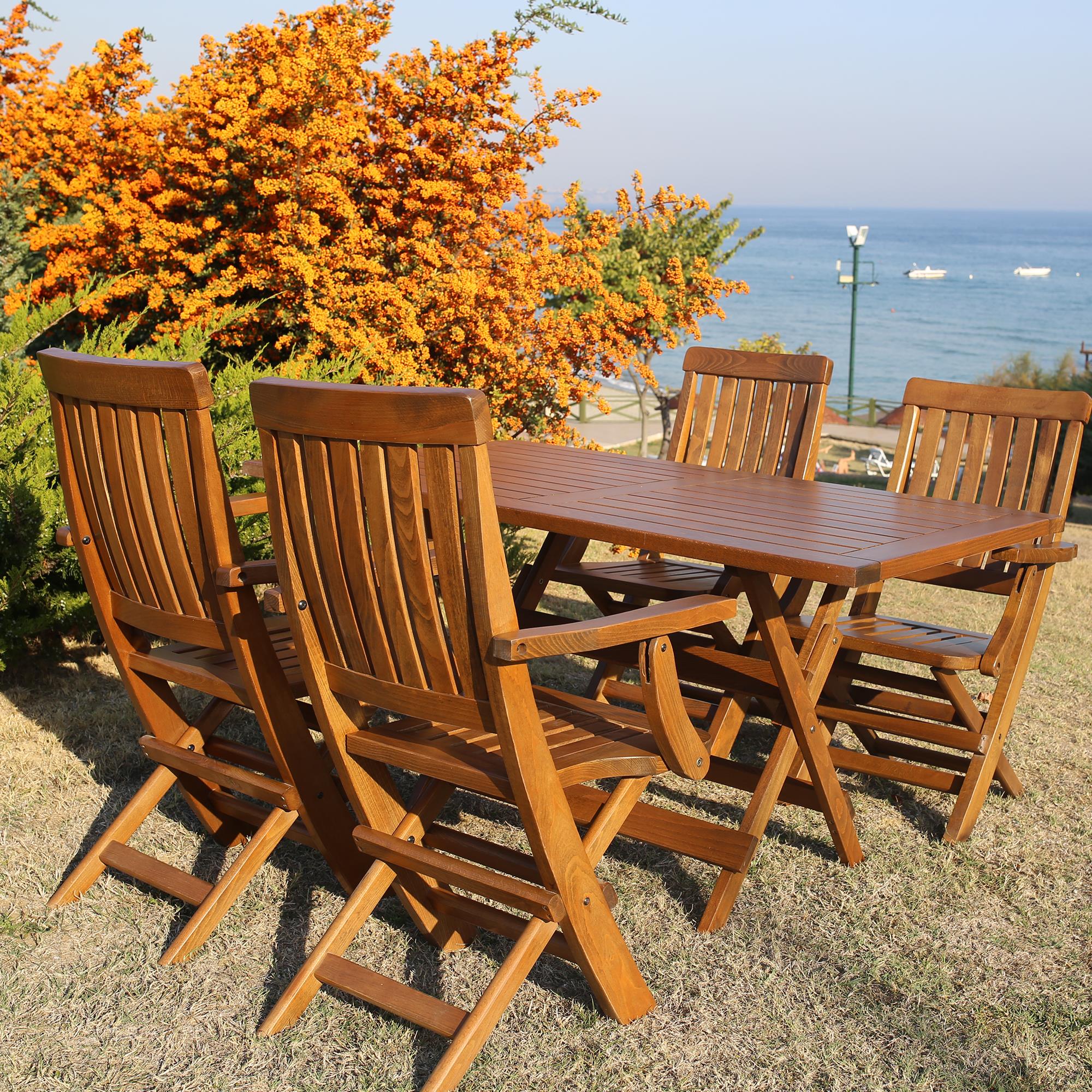 Muğla Lüks Ahşap Masa Sandalye Takımları -4 Kişilik Katlanır Bahçe Balkon Set
