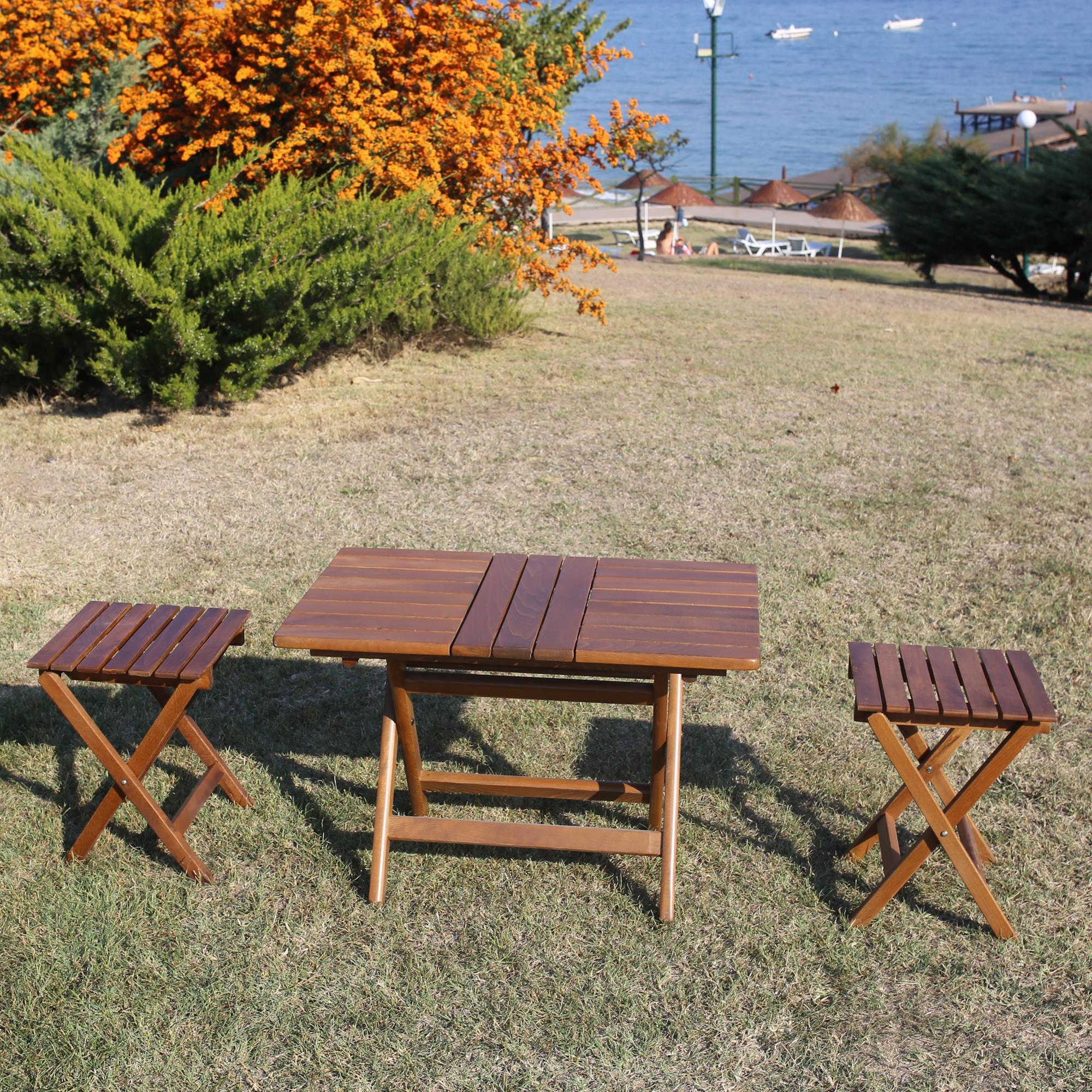 Paris Çay Set -2 Kişilik Katlanır Ahşap Tabure Takım, Ebat Seçimli