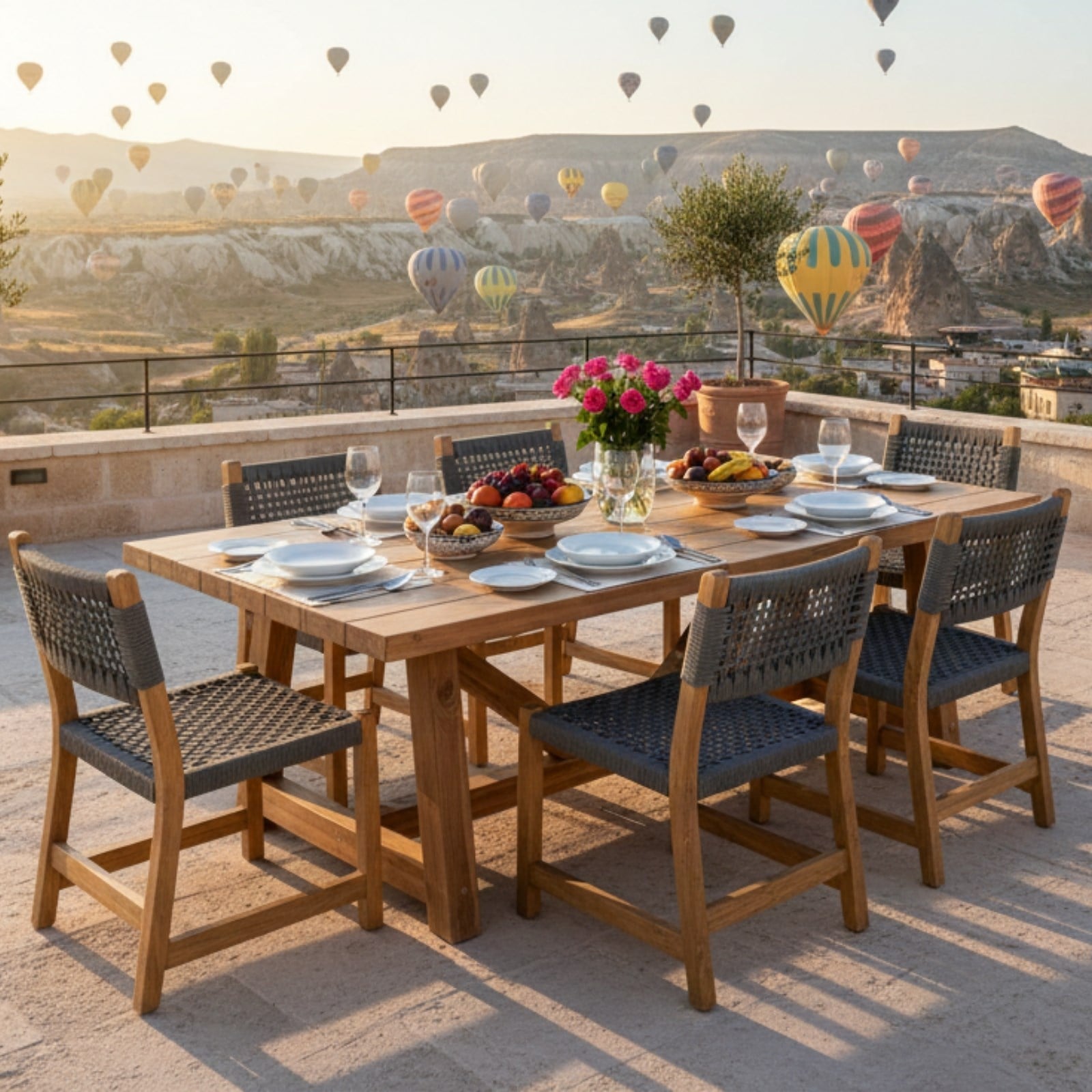 Taksim Ahşap Bahçe Takımı: 100x180 Masa + 6 Sandalye Set, Masif Kestane