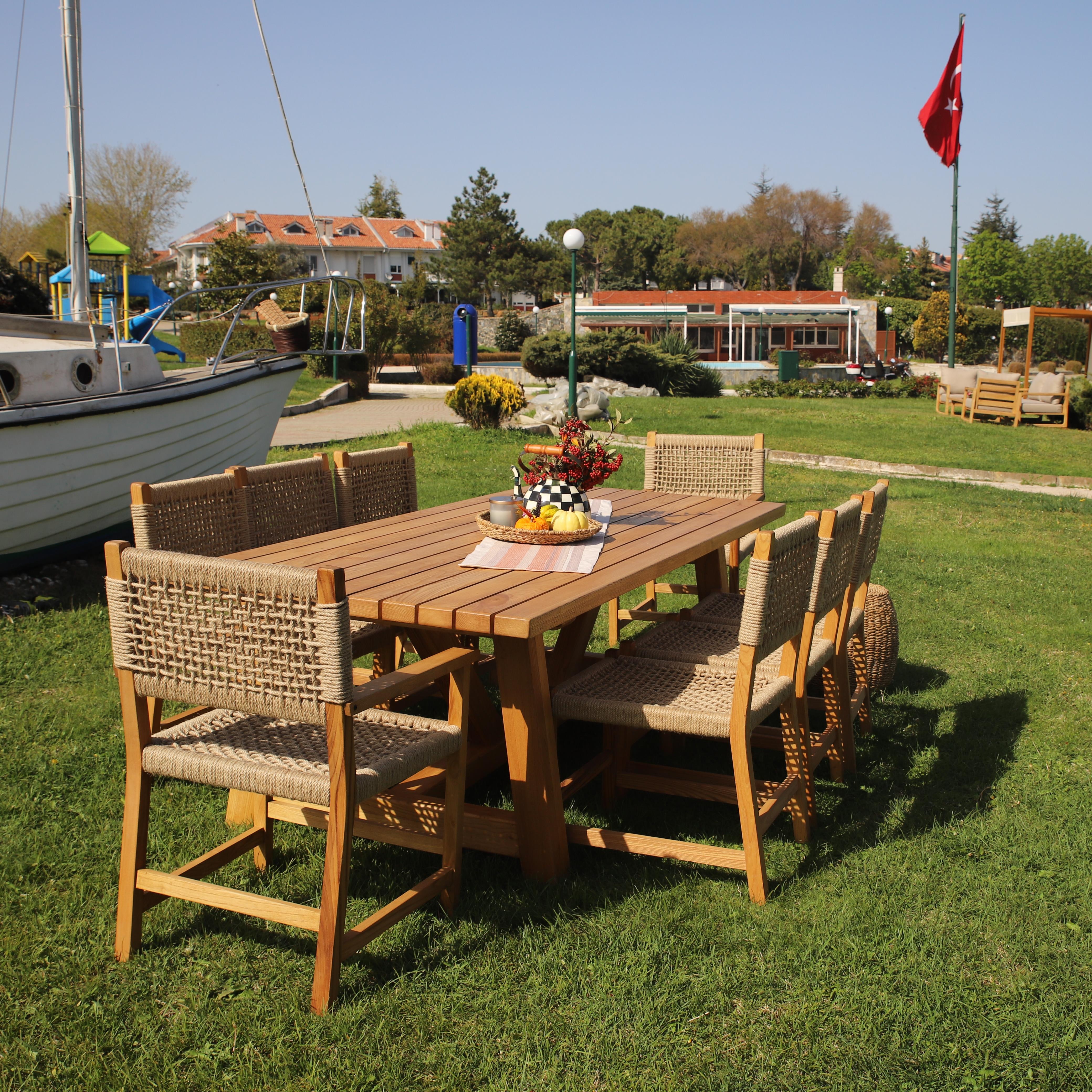 Taksim Ahşap Bahçe Takımı: 100x240 Masa + 8 Sandalye Set -Masif Kestane