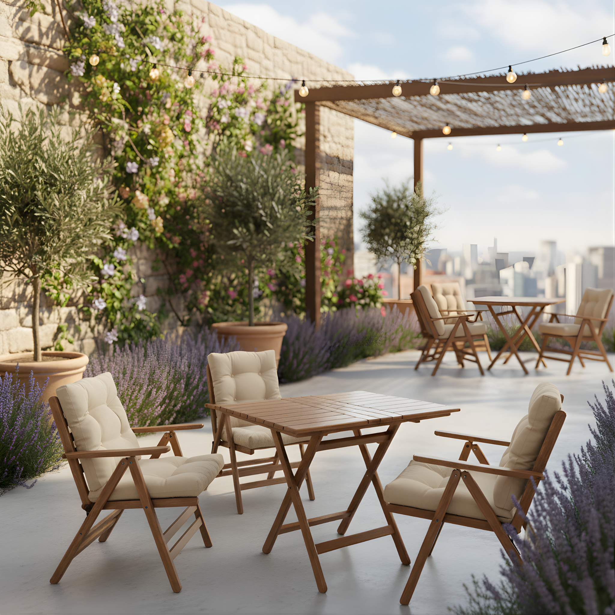 Ürgüp Ahşap Masa Sandalye Takımları - 2 Kişilik Minderli Katlanır Bahçe Balkon Set