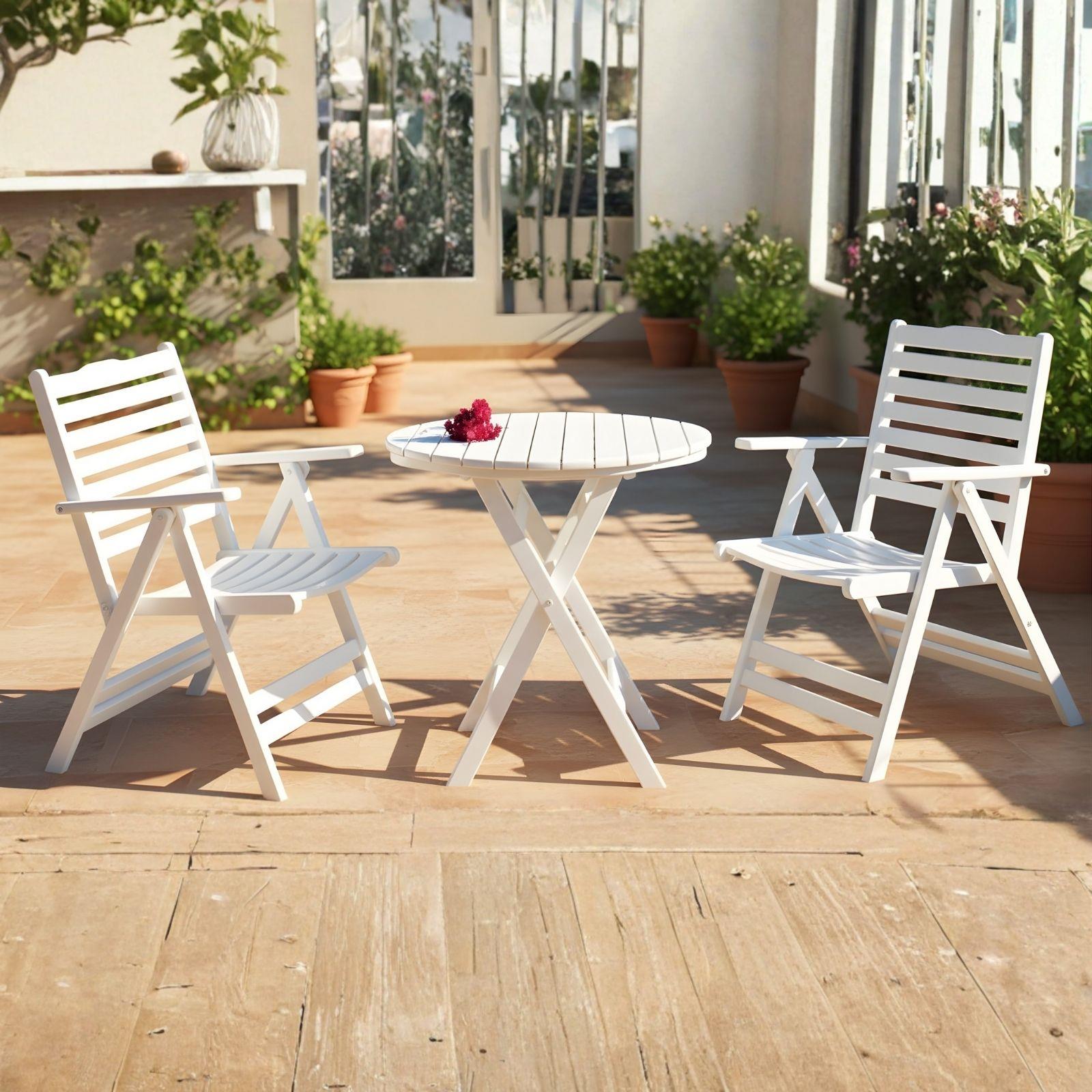 Ürgüp Ahşap Masa Sandalye Takımları -2 Kişilik Katlanır Bahçe Balkon Yuvarlak Set, Beyaz