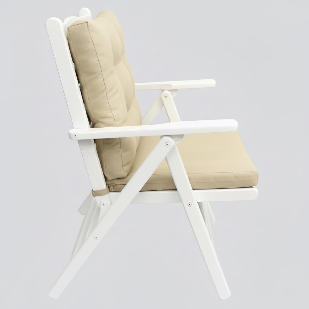 Ürgüp Ahşap Sandalye - Beyaz Renk, Kolçaklı, Minderli, 4 Kademeli Yaslanma Bahçe Balkon Sandalyesi