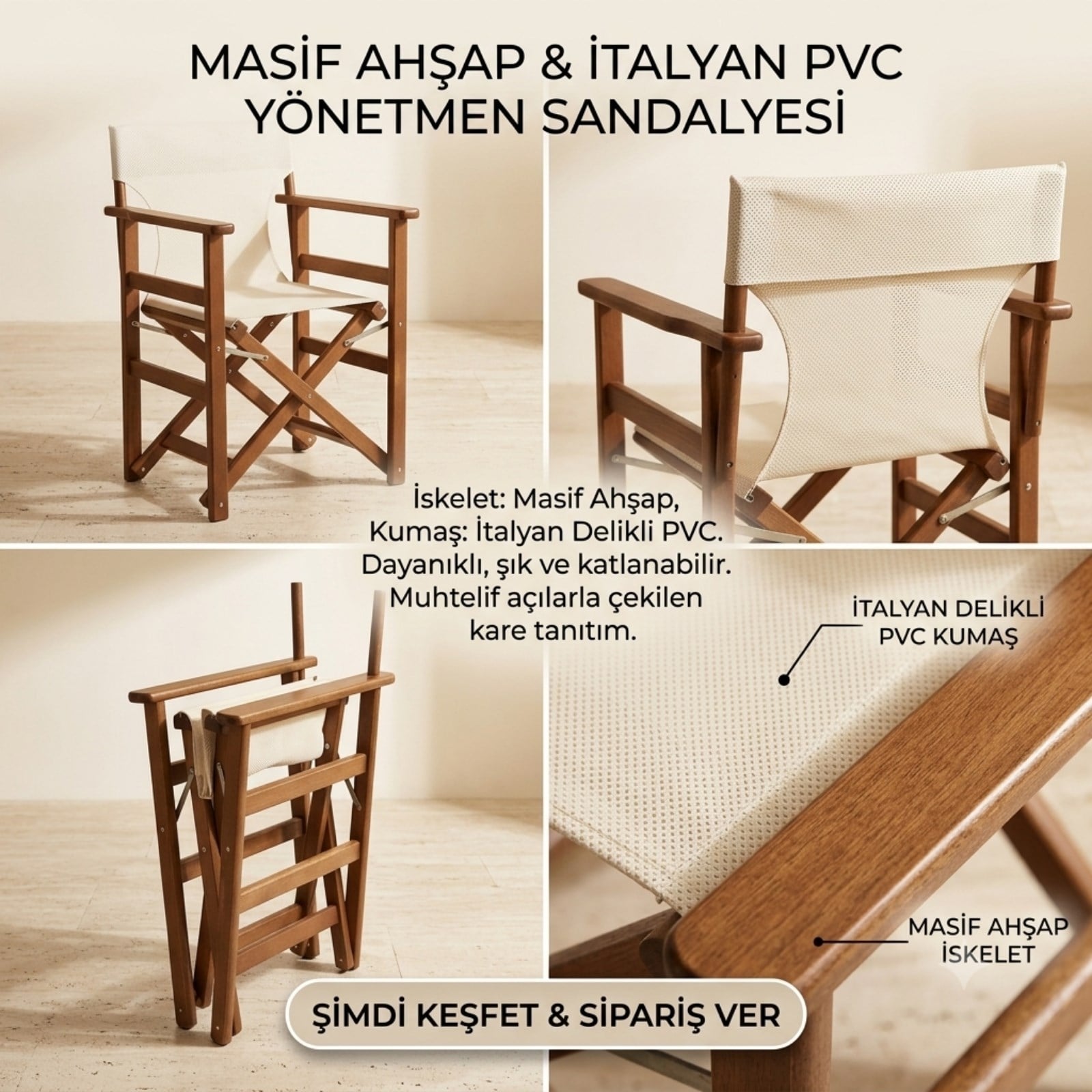 Yönetmen Katlanır Ahşap Bahçe Balkon Sandalyesi -Kolçaklı, PVC Kumaşlı